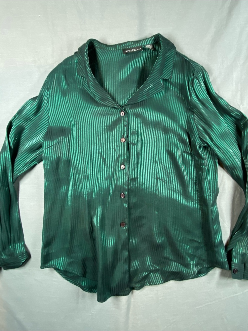 Impressions Emerald Green Satin Button-Front Blouse